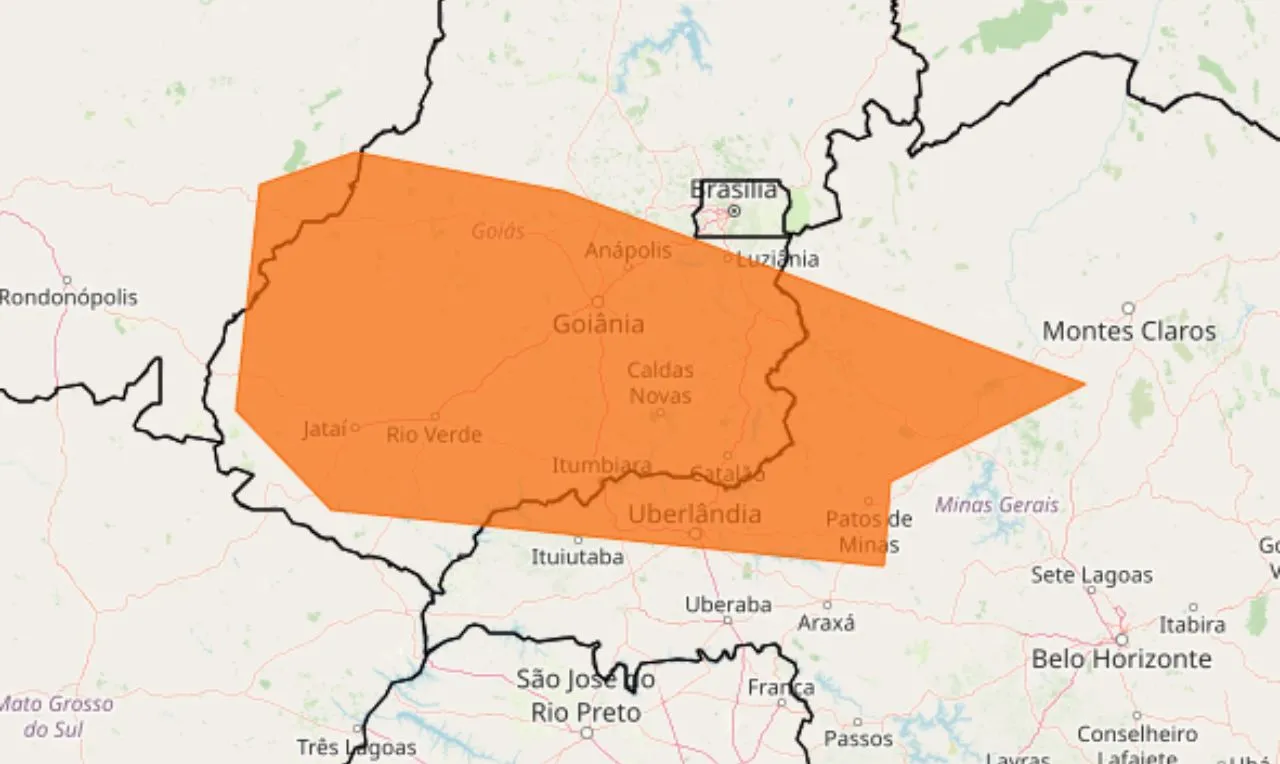 O mapa mostra as áreas em alerta para temporais